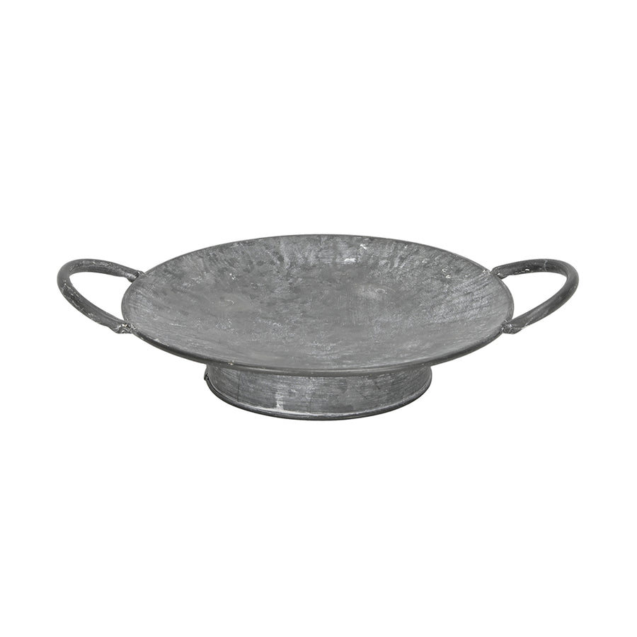 JUNKER szürke bádog tál 24 cm átmérővel, két oldalsó füllel, rusztikus, antikolt felülettel, vidéki stílusú lakberendezéshez.