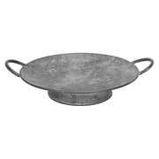 JUNKER szürke bádog tál 32 cm átmérővel, két oldalsó füllel, rusztikus, antikolt felülettel, vidéki stílusú lakberendezéshez.