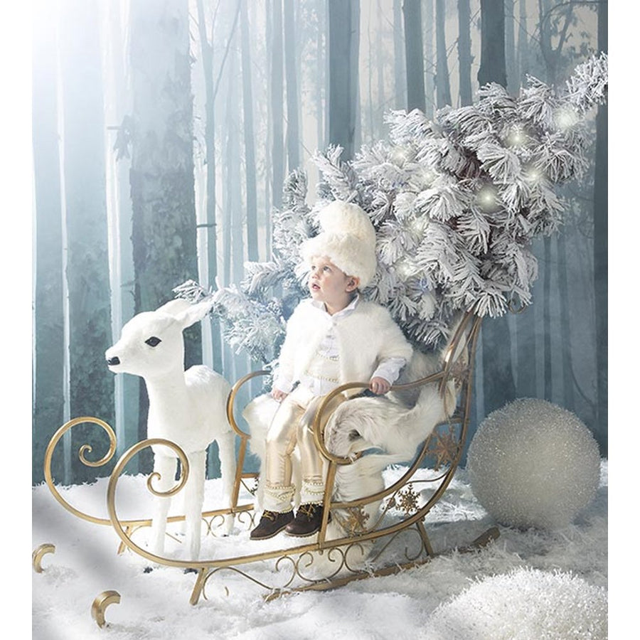 Arany színű karácsonyi fém szán, kisfióval és őzikével.