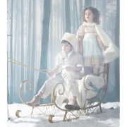 Arany színű karácsonyi fém szán, kisfióval és őzikével.