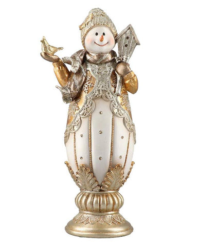 Gazdagon díszített, krém, arany és ezüstszínű, karácsonyi hóember figura..
