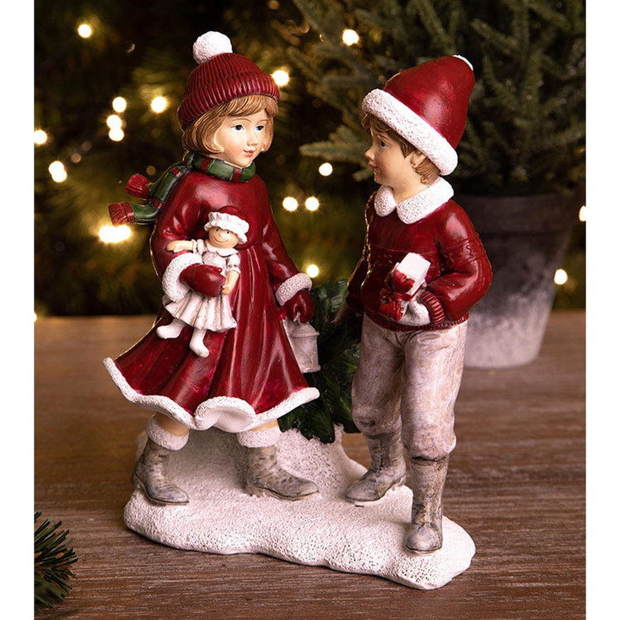 Karácsonyi kislány és kisfiú fenyőfával 19 cm "Christmas Heritage"