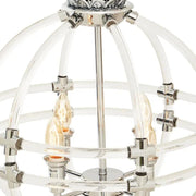 Térbeli akril csövekből kialakított, krómozott kapcsoló- és díszítőelemekkel kialakított, elegáns gömb függeszték lámpa, klasszikus csillár betéttel.