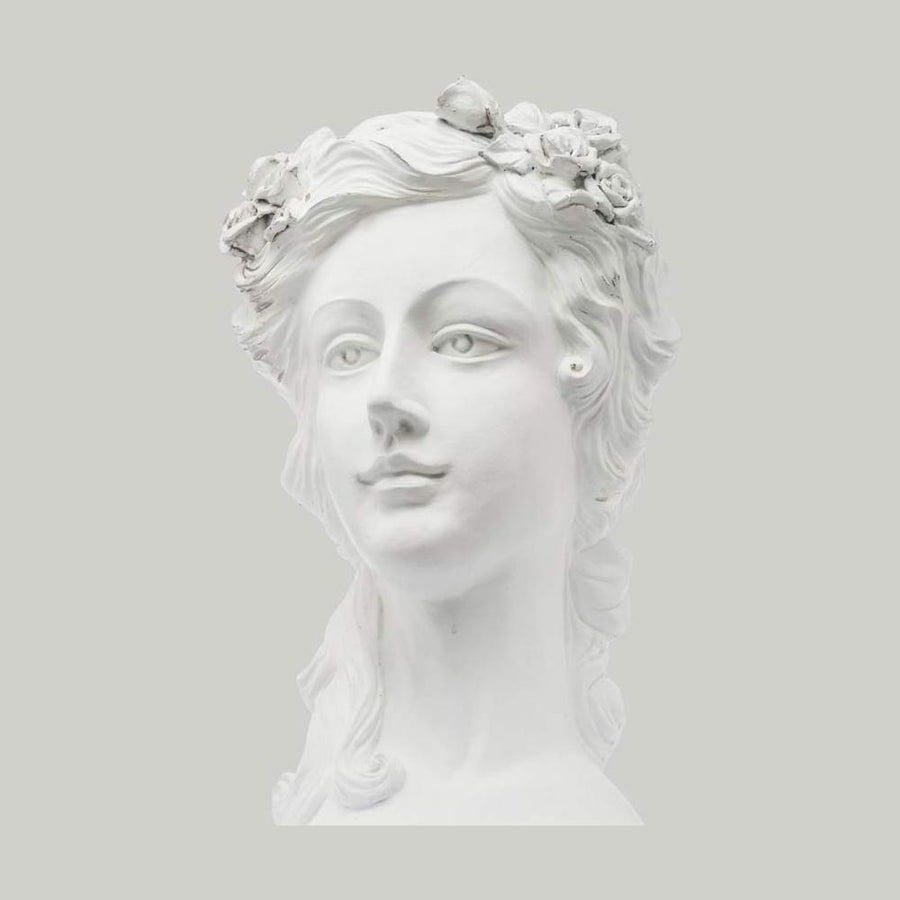 Női fejszobrot mintázó,, beültethető, fehér színű kaspó büszt..