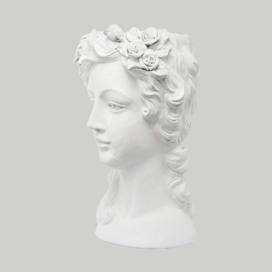 Női fejszobrot mintázó,, beültethető, fehér színű kaspó büszt..