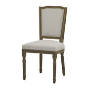 Világosszürke színű szövettel kárpitozott, koloniál stílusú kézműves étkezőszék.