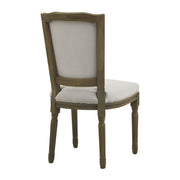 Világosszürke színű szövettel kárpitozott, koloniál stílusú kézműves étkezőszék.