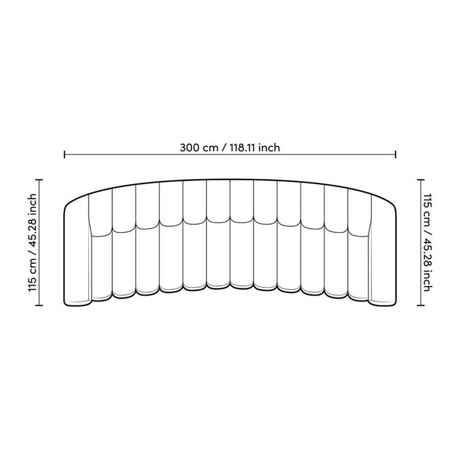 Art Deco ihletésű, modern kortárs stílusú, íves kialakítású fekete színű buklé szövettel kárpitozott óriás dizájn kanapé.