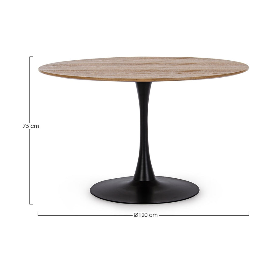 Kerek formájú, modern megjelenésű étkezőasztal.