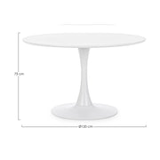 Fehér színű, kerek formájú, 6 személyes étkezőasztal.