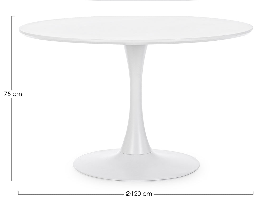Fehér színű, kerek formájú, 6 személyes étkezőasztal.