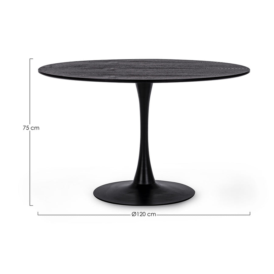 Fekete színű, kerek formájú, 6 személyes étkezőasztal.