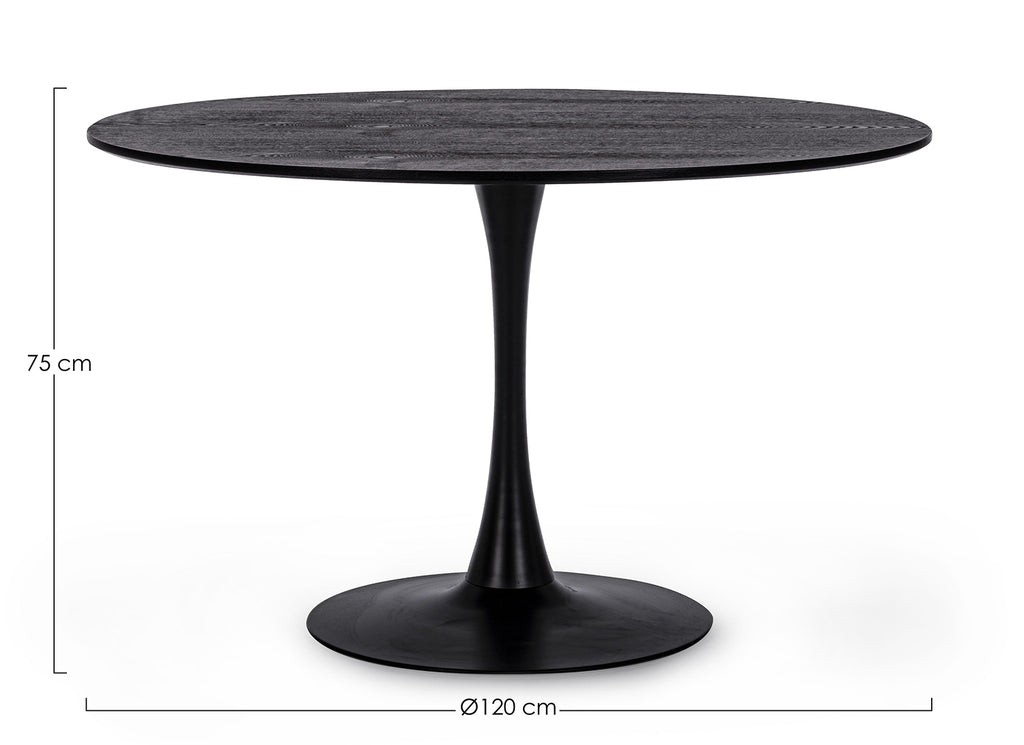 Fekete színű, kerek formájú, 6 személyes étkezőasztal.