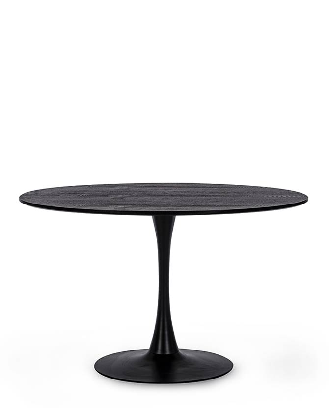 Fekete színű, kerek formájú, 6 személyes étkezőasztal.