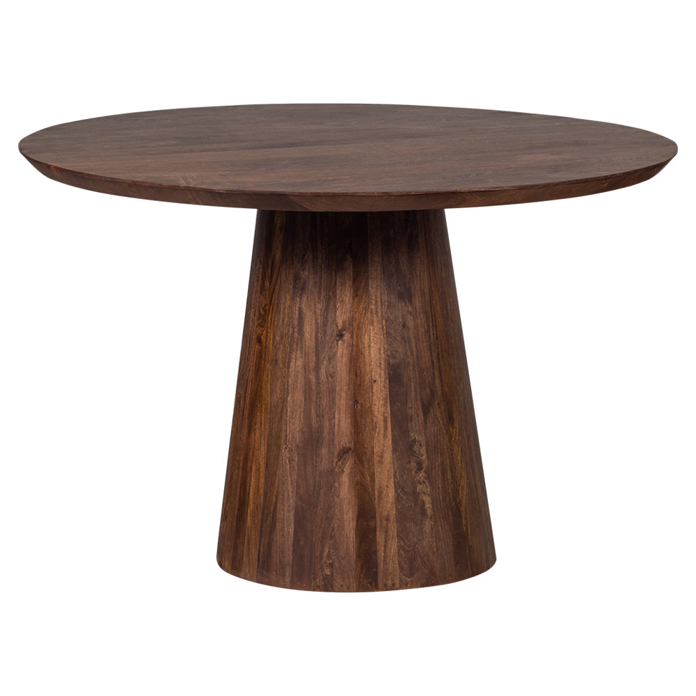 Mangófából készült, kerek formájú, diószínű dizájn étkezőasztal.