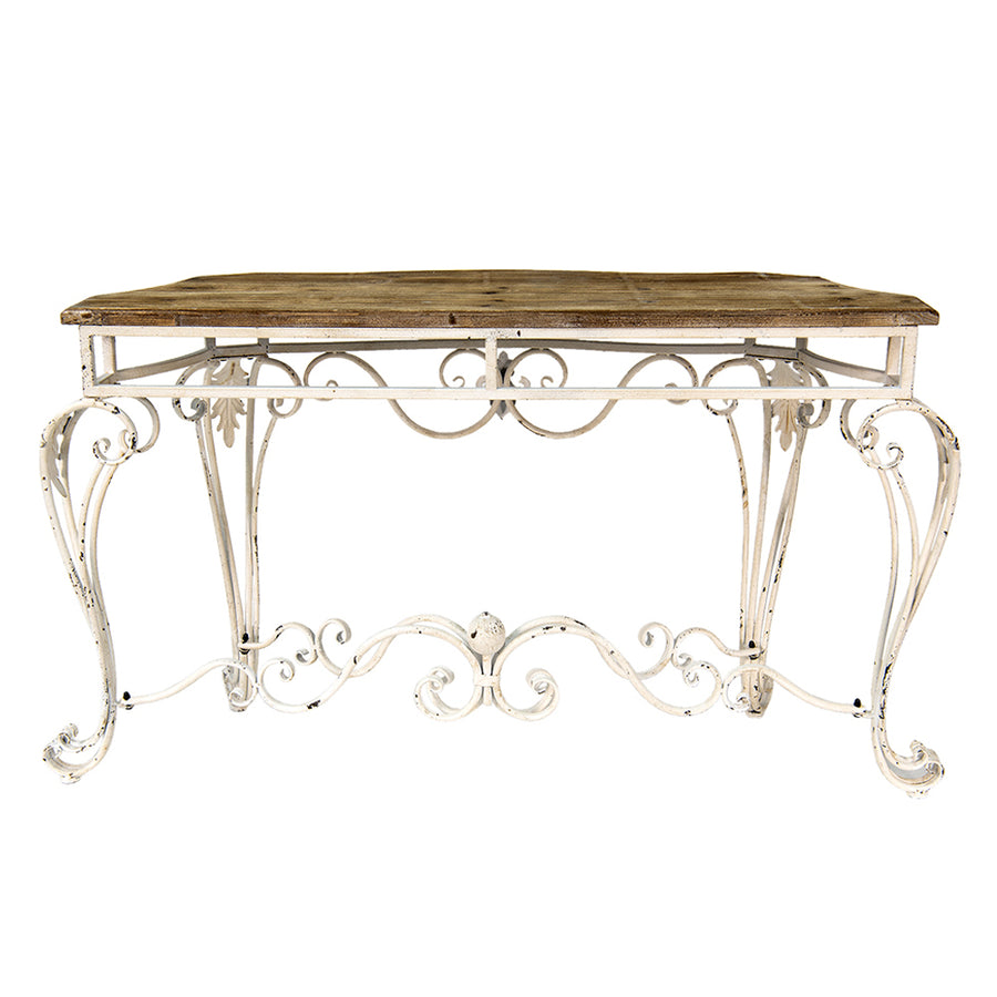 Antikolt fémből készült, krémszínű konzolasztal, rusztikus fa asztallappal.