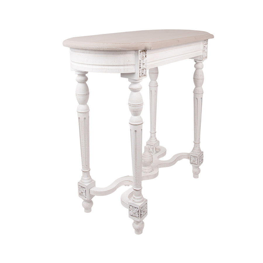 Antikolt, patinás felületű, fehér színű, fa konzolasztal.