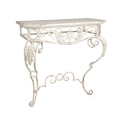 Antikolt fémből készült, krémszínű konzolasztal, rusztikus fa asztallappal.