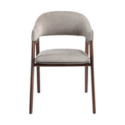 Szürke színű szövettel és műbőrrel kárpitozott, kőrisfából készült, formatervezett dizájn karosszék.