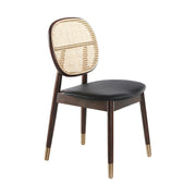 Fekete színű műbőr ülőfelülettel és rattan háttámlával kialakított, kőrisfából készült formatervezett dizájn étkezőszék