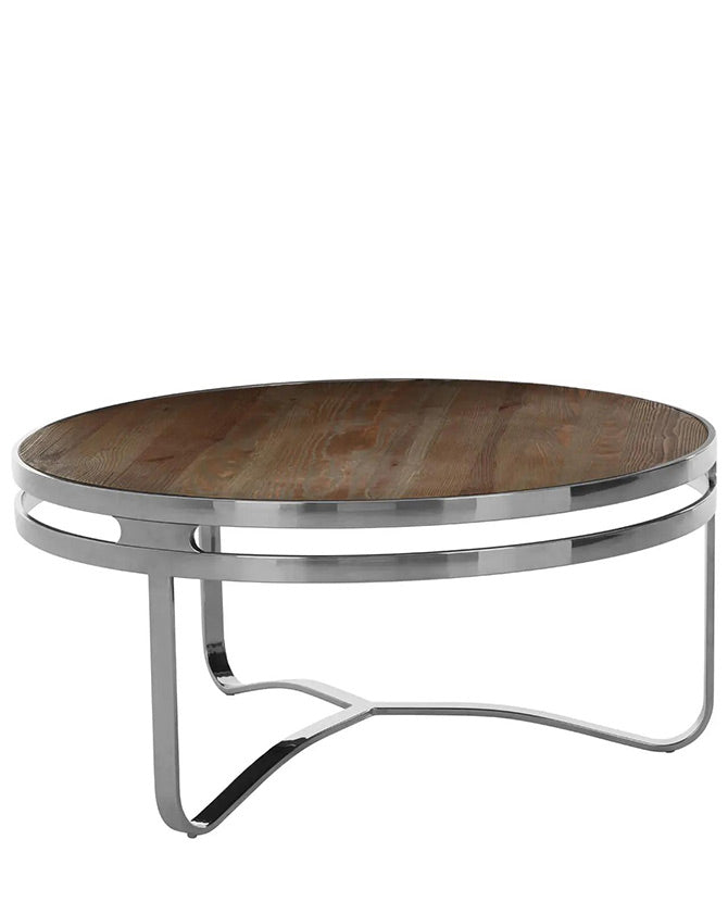 Újrahasznosított fenyőfából és rozsdamentes acélból készült, formatervezett dizájn dohányzóasztal.