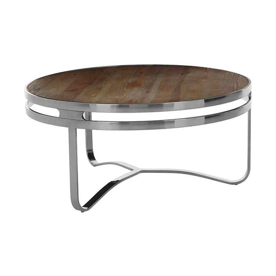 Újrahasznosított fenyőfából és rozsdamentes acélból készült, formatervezett dizájn dohányzóasztal.