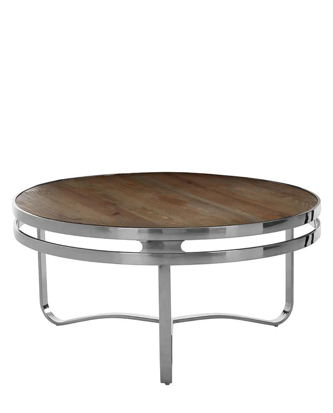 Újrahasznosított fenyőfából és rozsdamentes acélból készült, formatervezett dizájn dohányzóasztal.