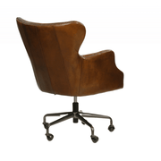 L’invité Cigare forgószék hátulnézeti nézetből, ívelt háttámlával, antikolt bőrkárpittal és fém talpszerkezettel.