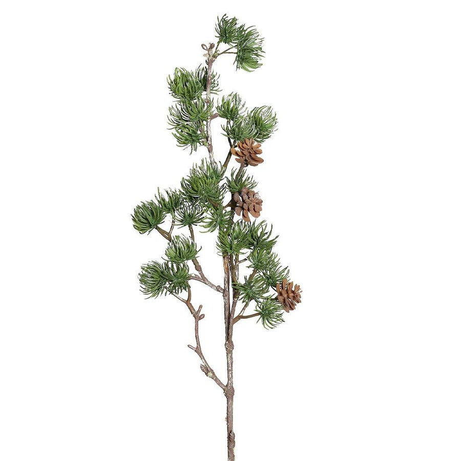 LARIX zöld mű vörösfenyő ág 62 cm, elágazó forma 3D-s tűlevelekkel és mesterséges tobozokkal.