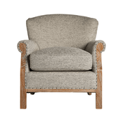 Elölnézet: Laronxe szürke kőrisfa fotel vastag ülőpárnával, elegáns gyarmati stílusban.