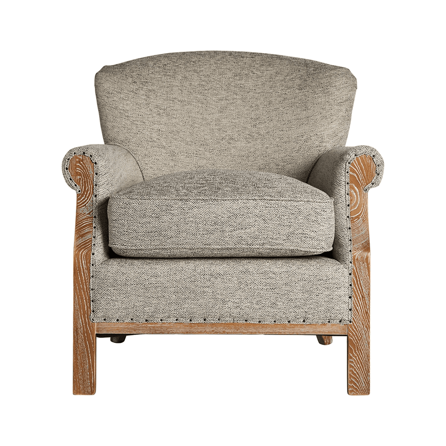 Elölnézet: Laronxe szürke kőrisfa fotel vastag ülőpárnával, elegáns gyarmati stílusban.