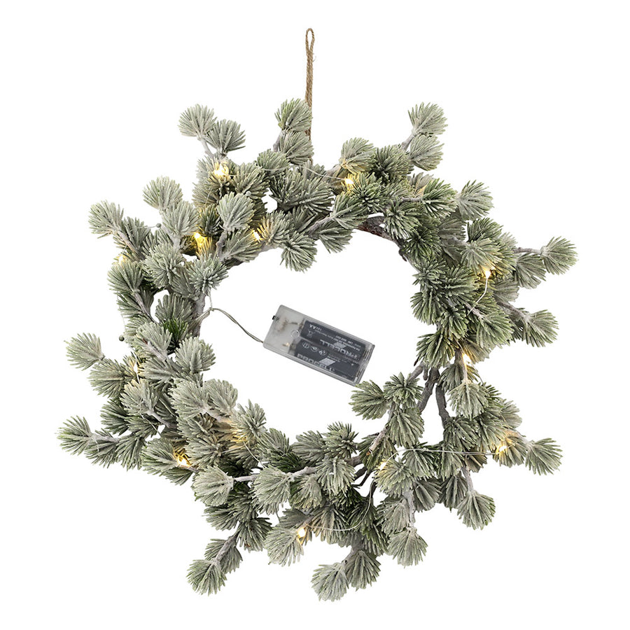 Melegfehér fényű LED-el felszerelt, mű cédrus fenyő koszorú.