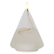 Áttetsző kúp formájú, üvegből készült, textilkanócos LED olajlámpa.
