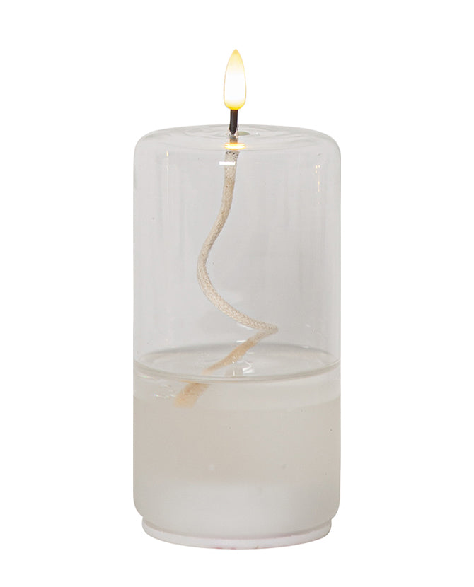 Áttetsző henger formájú, üvegből készült, textilkanócos LED olajlámpa.
