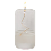 Áttetsző henger formájú, üvegből készült, textilkanócos LED olajlámpa.