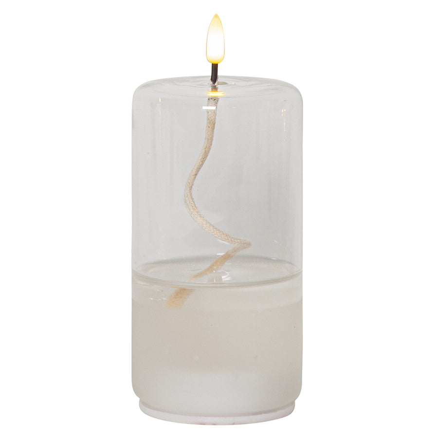 Áttetsző henger formájú, üvegből készült, textilkanócos LED olajlámpa.