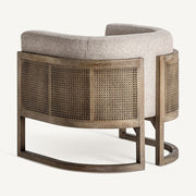 Art deco ihletésű, natúr színű kőrisfából készült, rattan betétekkel kialakított, bézs színű szövettel kárpitozott, formatervezett kortárs fotel.