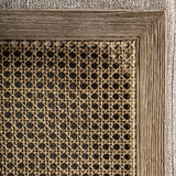 Art deco ihletésű, natúr színű kőrisfából készült, rattan betétekkel kialakított, bézs színű szövettel kárpitozott, formatervezett kortárs fotel.