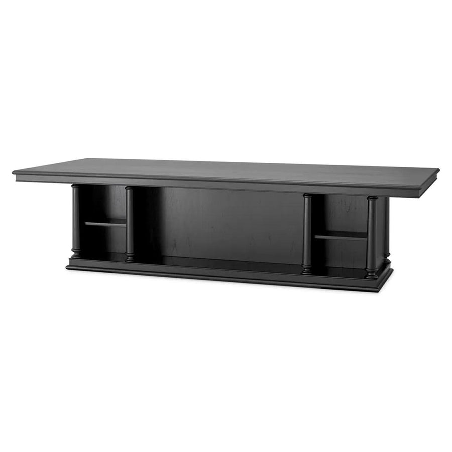 Fekete színű mindifa furnérból készült, formatervezett központi könyvtár asztal.