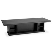 Fekete színű mindifa furnérból készült, formatervezett központi könyvtár asztal.