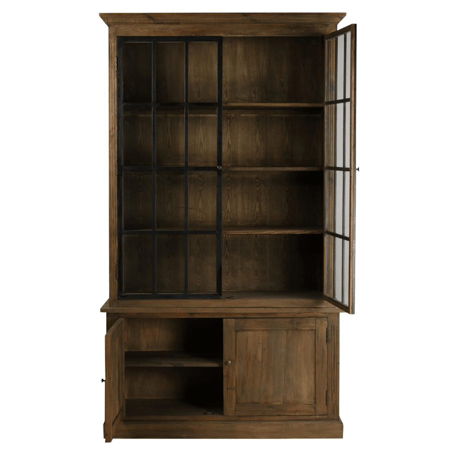 Library natúr fenyőfa könyvszekrény nyitott ajtókkal, belső polcokkal és tágas tárolórésszel