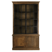 Loft stílusú Library könyvszekrény frontális nézetben, üvegezett felső és tömörfa alsó ajtókkal