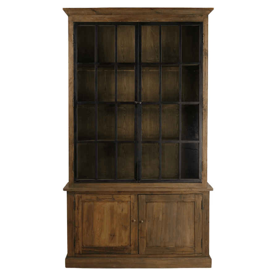 Loft stílusú Library könyvszekrény frontális nézetben, üvegezett felső és tömörfa alsó ajtókkal