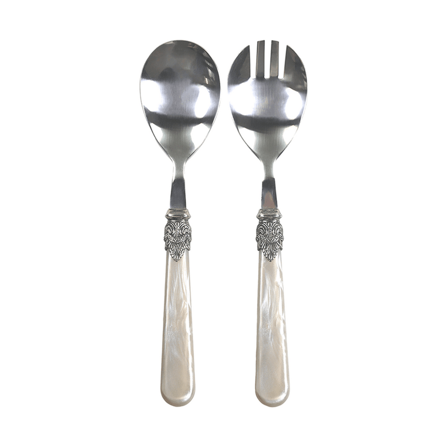 Antik pezsgőszínű, akril nyéllel rendelkező, vintage stílusú salátás villa és kanál szett .