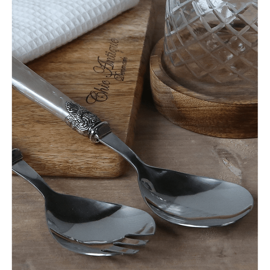 Antik pezsgőszínű, akril nyéllel rendelkező, vintage stílusú salátás villa és kanál szett .