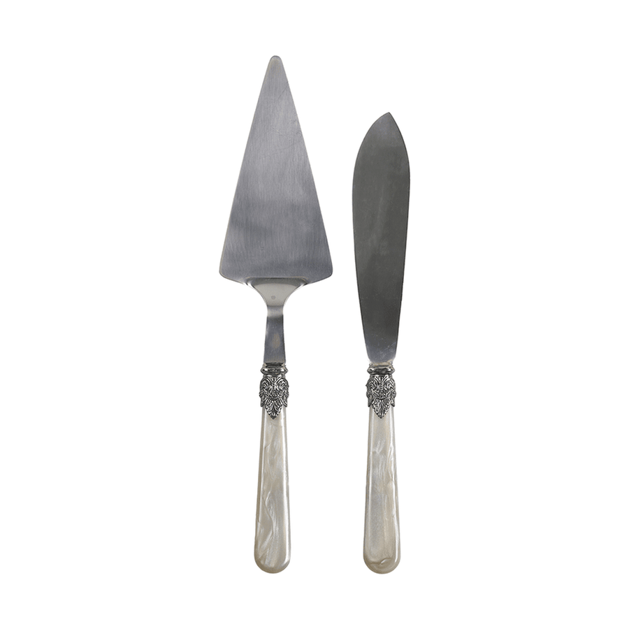 Antik pezsgőszínű, akril nyéllel rendelkező, vintage stílusú tortalapát és kés szett .