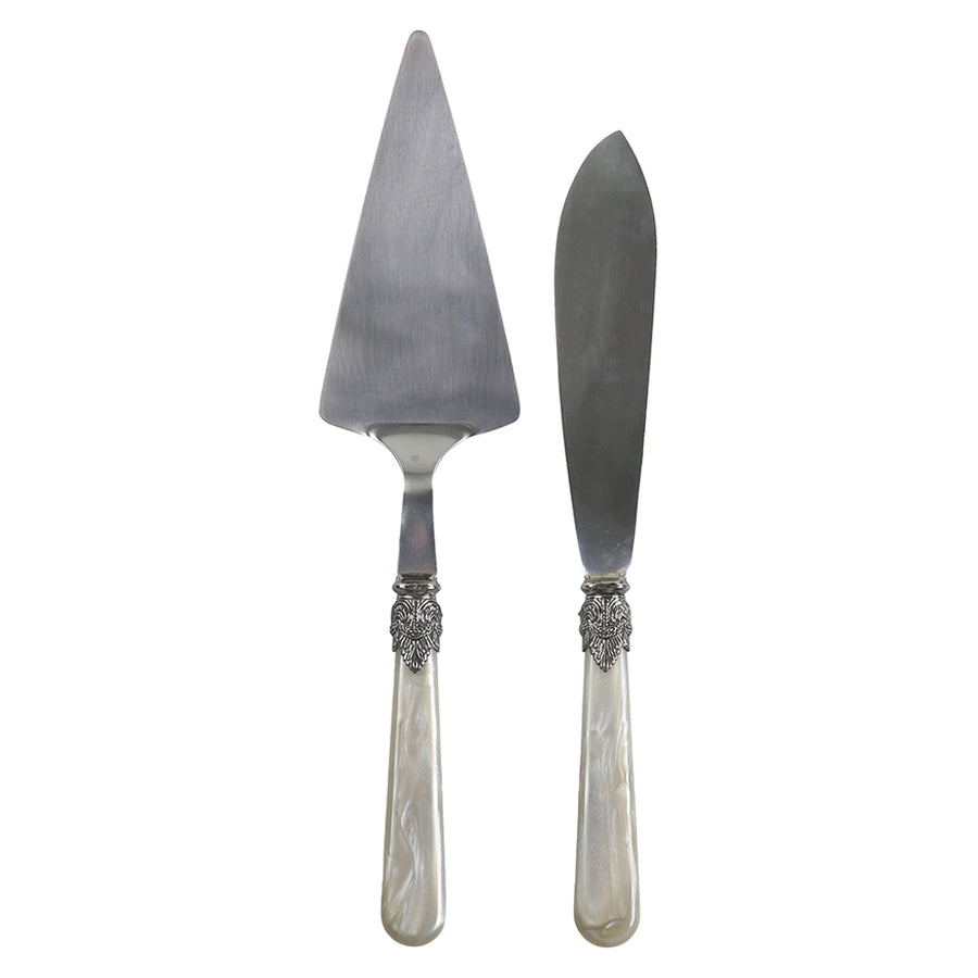 Antik pezsgőszínű, akril nyéllel rendelkező, vintage stílusú tortalapát és kés szett .