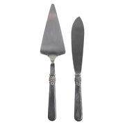 Antik szén színű, akril nyéllel rendelkező, vintage stílusú tortalapát és kés szett.