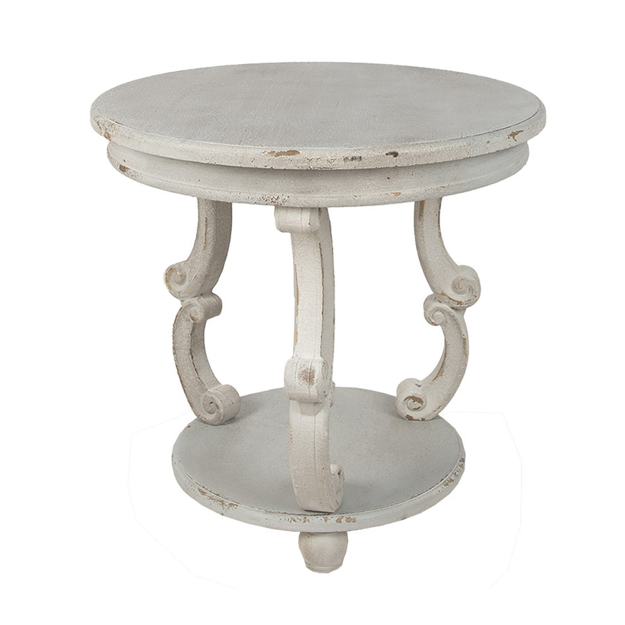 Antikolt felületű, szürke színű fa kisasztal.