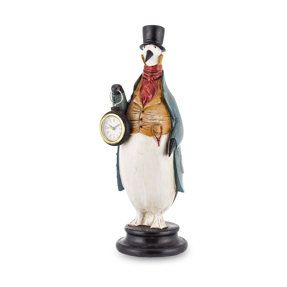Órát tartó pingvin figura.
